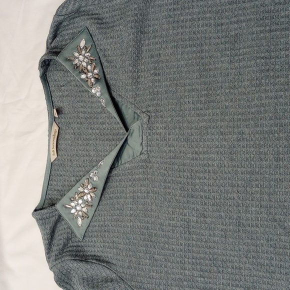 Soft Surroundings Womens Blouse Sz PM Blue Jewels Polo V Neck Waffle Knit Winter - Picture 7 of 10